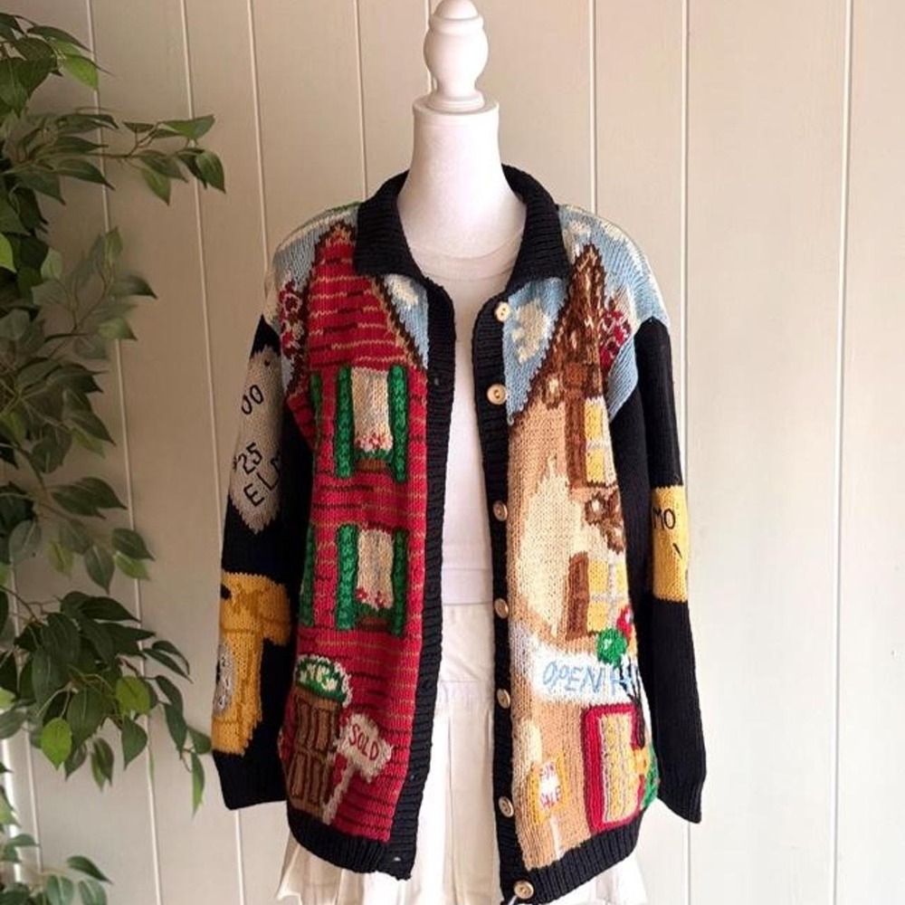 Vintage The eagle's eye Hand Knit Christmas Cardigan Sweater Women's Size Medium